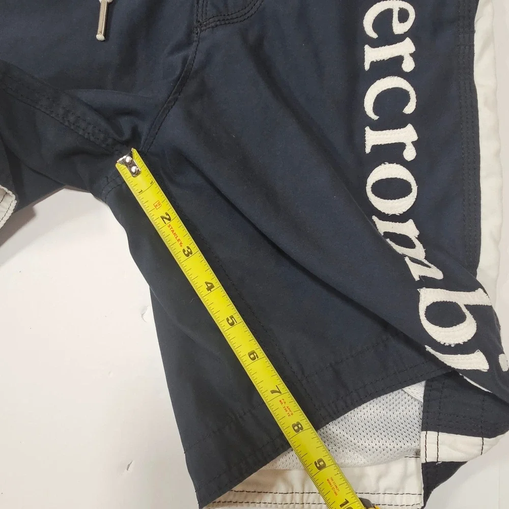 Abercrombie Kids Boys Navy Blue White Stripe Logo Swim Trunks Board Short Medium